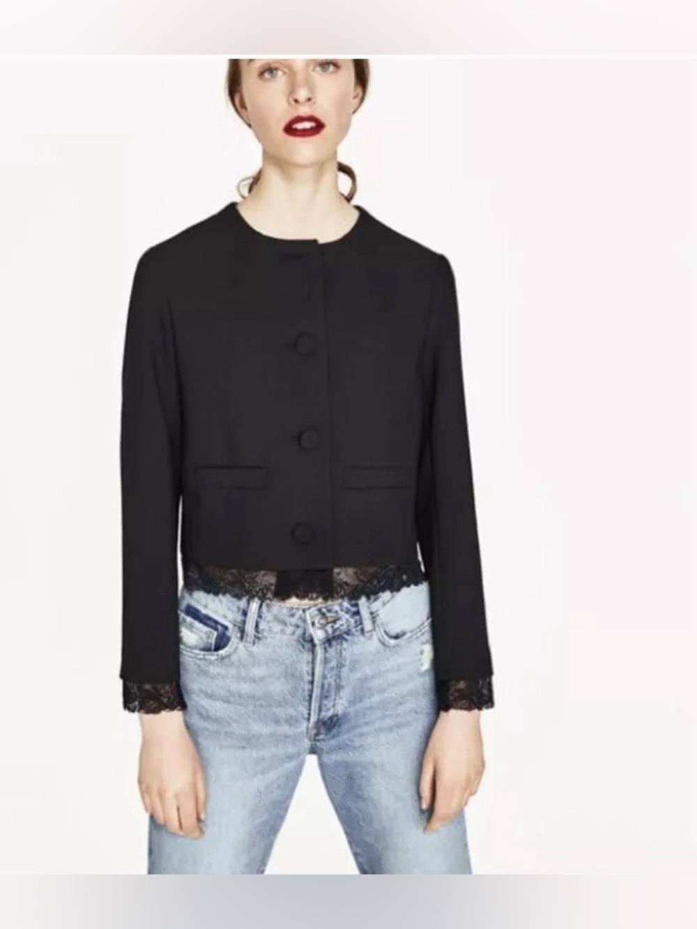 Zara Basic Collection Black Cropped Lace-Trim Jacket, Size M